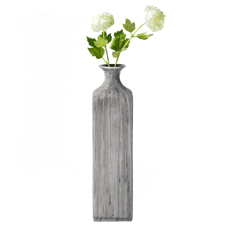 Contemporary Decorative Square Table Flower Vase With Gray Striped Design, 11.5 Inch